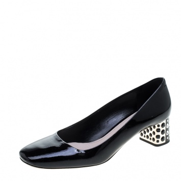 Pre Owned Miu Miu Black Patent Leather Crystal Embellished Block Heel Pumps Size 40