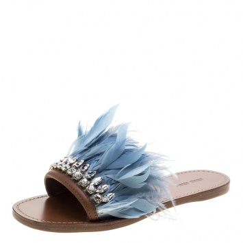 Pre Owned Miu Miu Powder Blue Feathers and Leather Swarovski Crystal Embellished Flat Slides Size 37