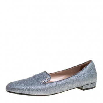 Pre Owned Miu Miu Metallic Silver Glitter Smoking Slippers Size 38.5