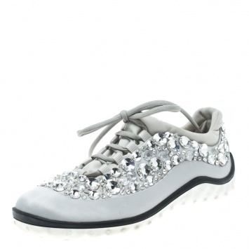 Pre Owned Miu Miu Grey Embellished Satin and Mesh Astro Sneakers Size 38