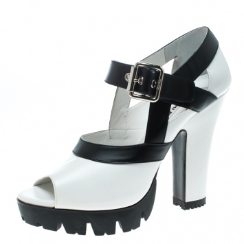 Pre Owned Miu Miu Monochrome Leather Block Heel Sandals Size 41