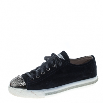 مملوكة مسبقًا Miu Miu Midnight Blue Suede Studded Cap Toe Sneakers Size 38