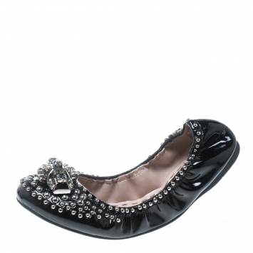 Pre Owned Miu Miu Black Studded Patent Leather Crystal Embellished Ballet Flats Size 37.5
