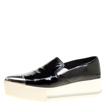 مملوكة مسبقًا Miu Miu Black Patent Leather Metal Cap Toe Platform Slip On Sneakers Size 41