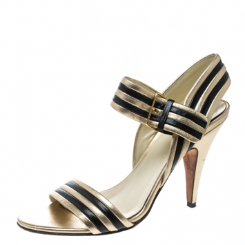 Pre Owned Miu Miu Gold/Black Leather Strappy Sandals Size 37.5