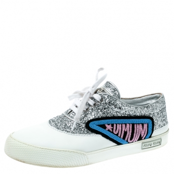 Pre Owned Miu Miu Silver/White Glitter Beaded Lace Up Sneakers Size 39