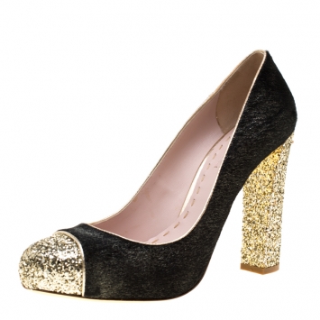 Pre Owned Miu Miu Metallic Black Calf Hair And Coarse Gold Glitter Cap Toe Block Heel Pumps Size 40