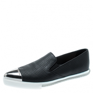 Pre Owned Miu Miu Black Perforated Leather Metal Cap Toe Pointed Toe Sneakers Size 38.5