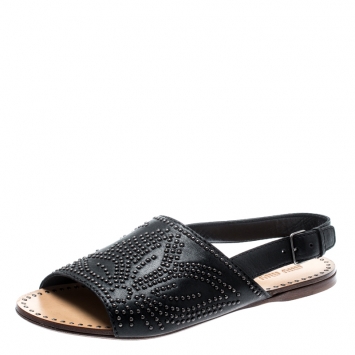 مملوكة مسبقًا Miu Miu Black Floral Studded Leather Slingback Flat Sandals Size 38