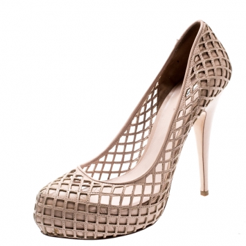 Pre Owned Miu Miu Beige Leather Lazer Cut Platform Pumps Size 41