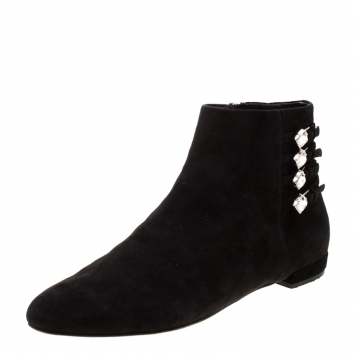 Pre Owned Miu Miu Black Suede Embellished Ankle Boots Size 38