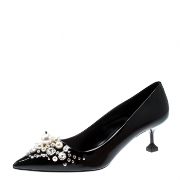 Pre Owned Miu Miu Black Patent Leather Faux Pear And Crystal Embellished Pointed Toe Pumps Size 39