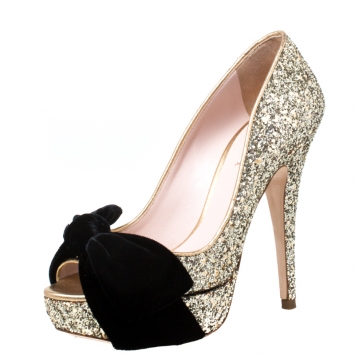 Pre Owned Miu Miu Metallic Gold Glitter Velvet Bow Peep Toe Platform Pumps Size 35