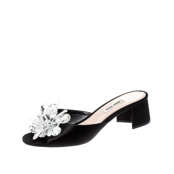 Pre Owned Miu Miu Black Satin Crystal Embellished Peep Toe Block Heel Slides Size 37