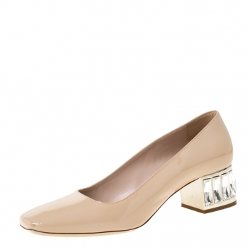 Pre Owned Miu Miu Beige Patent Leather Crystal Heel Pumps Size 38.5