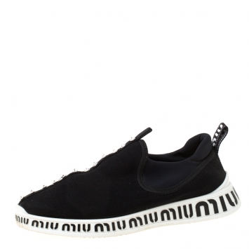Pre Owned Miu Miu Black Crystals Embellished Fabric Run Slip On Sneakers Size 38.5