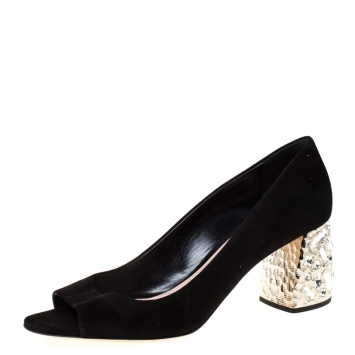 Pre Owned Miu Miu Black Suede Crystal Embellished Peep Toe Pumps Size 39