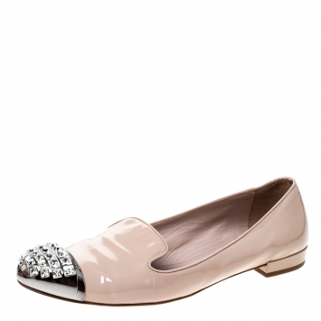Pre Owned Miu Miu Beige Patent Leather Crystal Embellished Cap Toe Flats Size 40