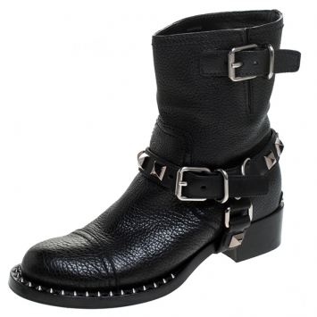 Pre Owned Miu Miu Black Leather Short Studded Motorcycle Boots Size 36.5