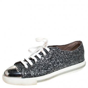 مملوكة مسبقًا Miu Miu Metallic Silver Glitter And Metal Cap Toe Low Top Sneakers Size 39
