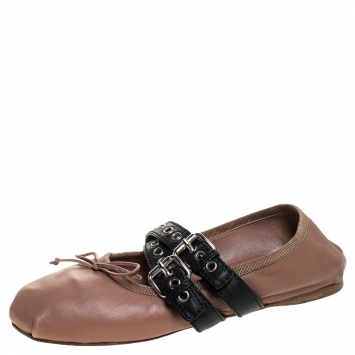 Pre Owned Miu Miu Beige Leather Buckle Detail Ballet Flats Size 39.5