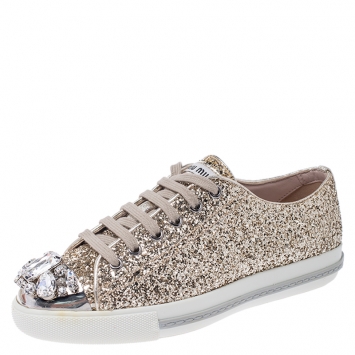 مملوكة مسبقًا Miu Miu Gold Coarse Glitter Leather Crystal Embellished Cap Toe Lace Up Sneakers Size 36.5