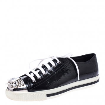 Pre Owned Miu Miu Black Patent Leather Crystal Embellished Cap Toe Lace Up Sneakers Size 38