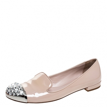 Pre Owned Miu Miu Beige Patent Leather Crystal Embellished Cap Toe Smoking Slippers Size 38.5