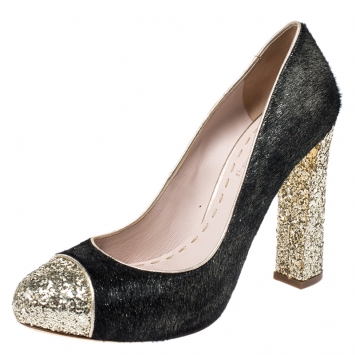 Pre Owned Miu Miu Black Metallic Calf Hair Glitter Trimmed Pumps Size 38
