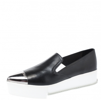 مملوكة مسبقًا Miu Miu Black Leather Metal Cap Toe Platform Slip On Sneakers Size 39