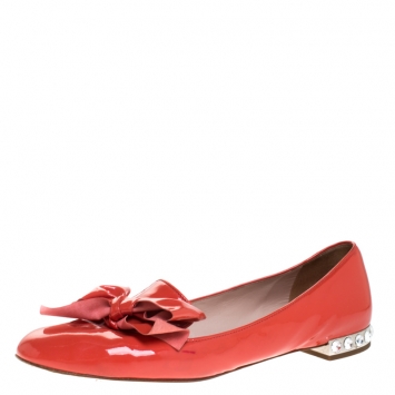 Pre Owned Miu Miu Orange Patent Leather Bow Smoking Slippers Size 38