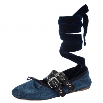 Pre Owned Miu Miu Blue Denim And Leather Buckle Detail Ballet Flats Size 39