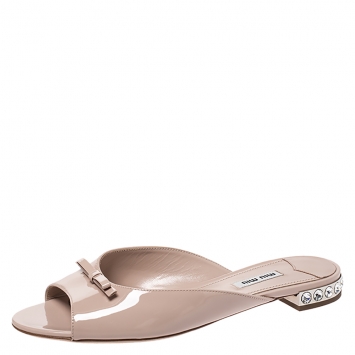 Pre Owned Miu Miu Beige Patent Leather Bow Detail Jeweled Heel Slide Flats Size 39