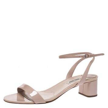 Pre Owned Miu Miu Beige Patent Leather Ankle Strap Block Heel Sandals Size 39