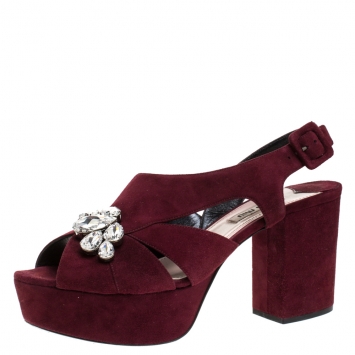 مملوكة مسبقًا Miu Miu Burgundy Suede Crystal Embellished Platform Block Heel Sandals Size 38