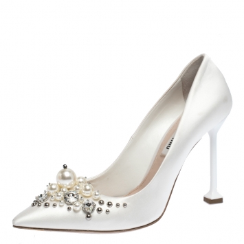Pre Owned Miu Miu Beige Pearl and Crystal Embellished Satin Pointed Toe Pumps Size 36.5