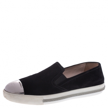 مملوكة مسبقًا Miu Miu Black Suede Metal Cap Toe Platform Slip On Sneakers Size 38