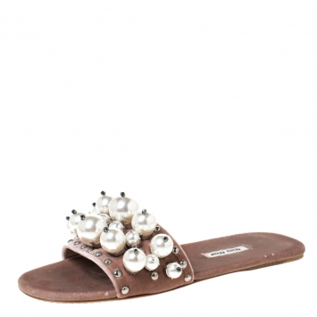 Pre Owned Miu Miu Pink Velvet Faux Pearl Embellished Flat Sandals Size 38