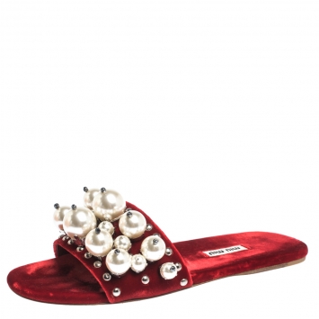 Pre Owned Miu Miu Red Velvet Faux Pearl Embellished Flat Slides Size 37