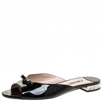 Pre Owned Miu Miu Black Patent Leather Crystal Embellished Heel Bow Flat Slides Size 37