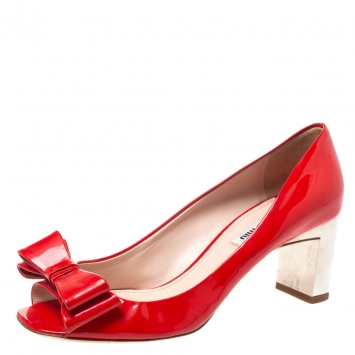 Pre Owned Miu Miu Red Patent Leather Bow And Crystal Embellished Heel Peep Toe Pumps 38