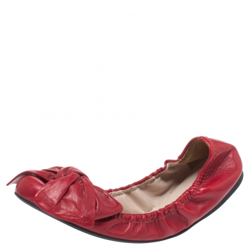 Pre Owned Miu Miu Red Leather Knotted Bow Scrunch Ballet Flats Size 37