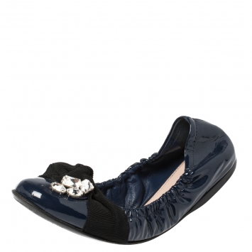 Pre Owned Miu Miu Navy Blue Patent Leather Crystal Embellished Scrunch Ballet Flats Size 38.5