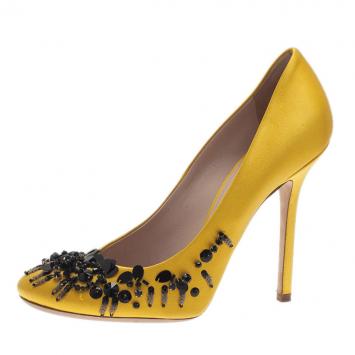 Pre Owned Miu Miu Yellow Satin Embellished Pumps Size 39