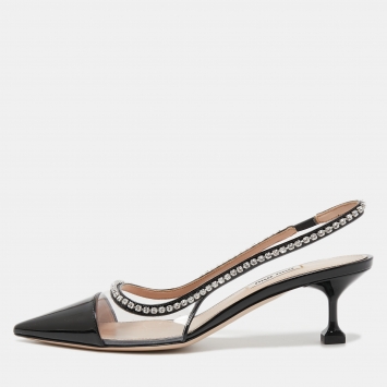 Pre Owned Miu Miu Black Patent Leather and PVC Crystal Embellished Slingback Pumps Size 37.5