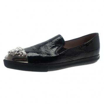 Pre Owned Miu Miu Black Leather Crystal Cap Toe Sneakers Size 42
