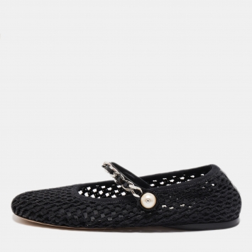 Pre Owned Miu Miu Black Mesh Mary Jane Pearl Chain Embellished Ballet Flats Size 38