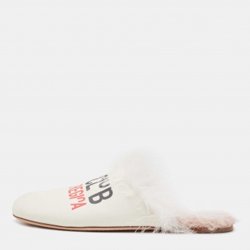 Pre Owned Miu Miu White Canvas And Fur Mule Flats Size 39