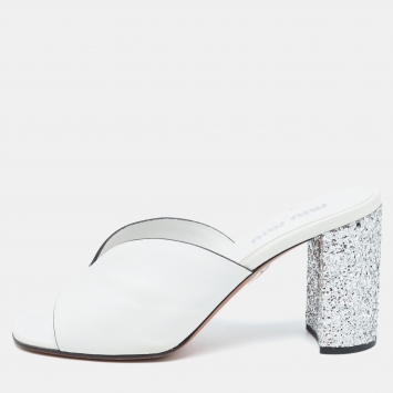 Pre Owned Miu Miu White Leather Glitter Block Heel Slide Sandals Size 40.5
