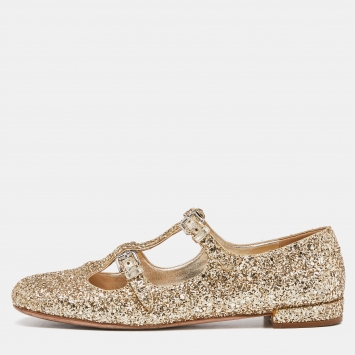 Pre Owned Miu Miu Gold Coarse Glitter Flats Size 40